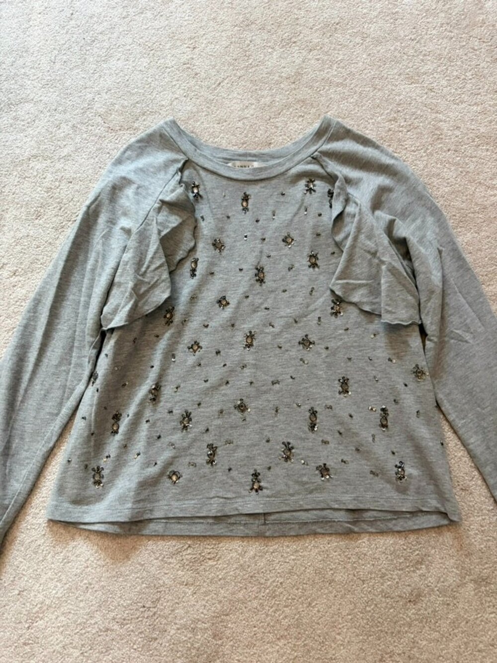 Anthropologie Ranna Gill Beaded Ruffle Long Sleeve Shirt | Size S | Heather Gray
